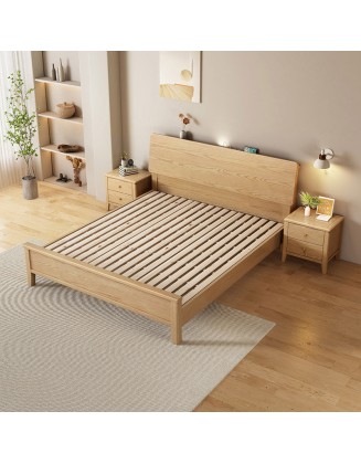 Scandinavian style solid wood double bed master bedroom king size bed with lamp household storage wedding beds