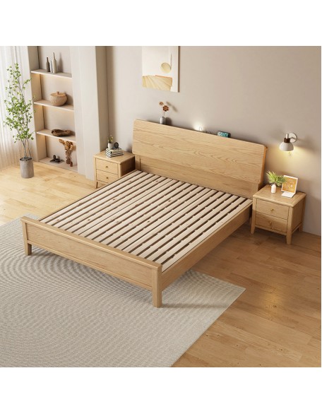 Scandinavian style solid wood double bed master bedroom king size bed with lamp household storage wedding beds