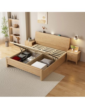Scandinavian style solid wood double bed master bedroom king size bed with lamp household storage wedding beds