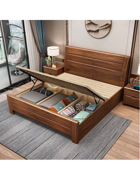 Solid Wood Bed Walnut Bedroom Furniture Storage Double Bed