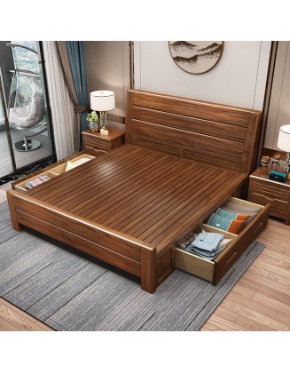 Solid Wood Bed Walnut Bedroom Furniture Storage Double Bed