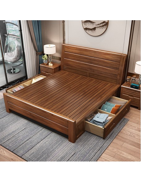 Solid Wood Bed Walnut Bedroom Furniture Storage Double Bed