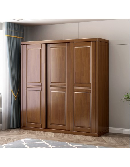 Solid wood large wardrobe three door sliding door large capacity wardrobe