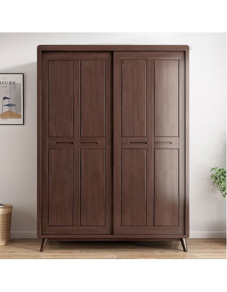 Solid wood double door wardrobe home bedroom sliding door log storage storage cabinet