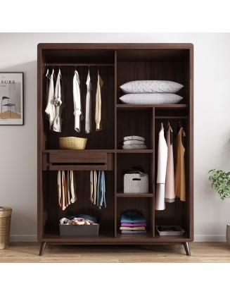 Solid wood double door wardrobe home bedroom sliding door log storage storage cabinet